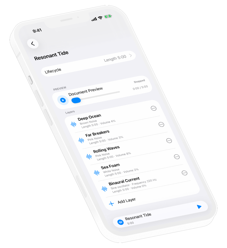 Resonant Tide playing as a five-layer editable binaural soundscape on iPhone